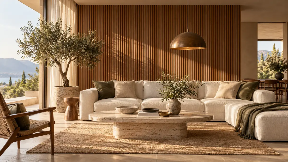 Sala de inspiración con paneles de madera, sofá claro e iluminación cálida